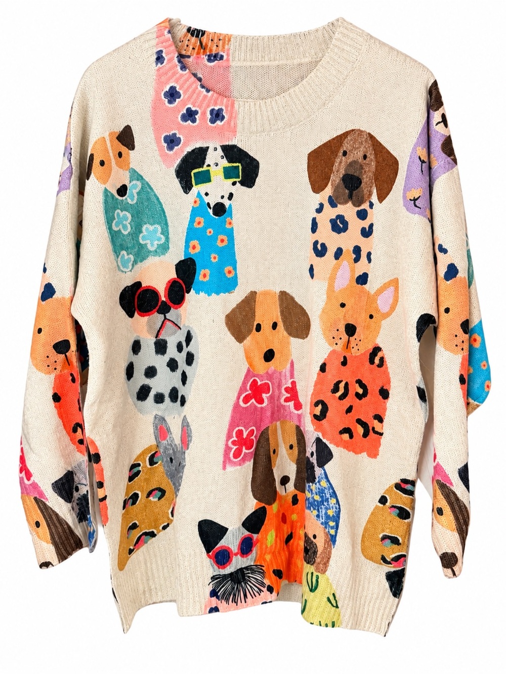 Women’s OXL Colorful Dog Print Sweater Whimsical Novelty Pullover